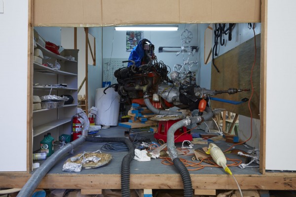 An installation photo of artist Jason Rhoades's "Garage Renovation New York (CHERRY Makita)"