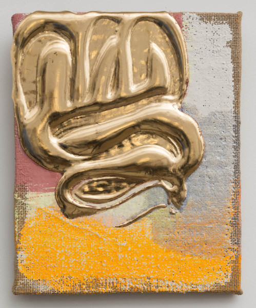 A photo of a painting called "Red Gold Pour" by artist Nancy Lorenz