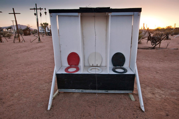 A photo of Noah Purifoy's sculpture "Voting Booth"