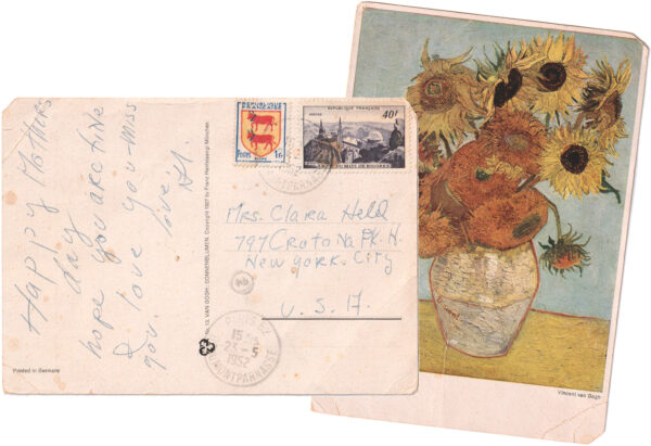Back and front view of a Van Gogh postcard wishing a Happy Mother’s day to Clara.
