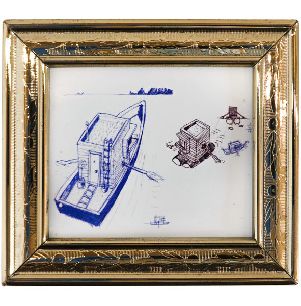 A framed pen illustration of multiple boat houses.