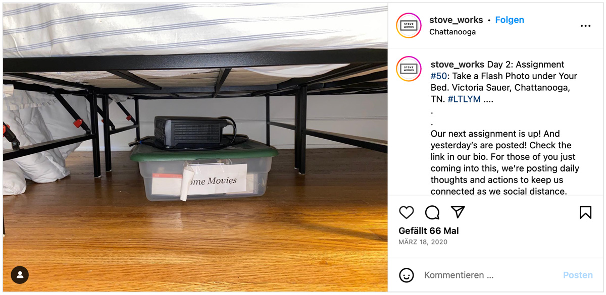 screenshot of an Instagram post featuring a picture of a plastic container underneath a bed 