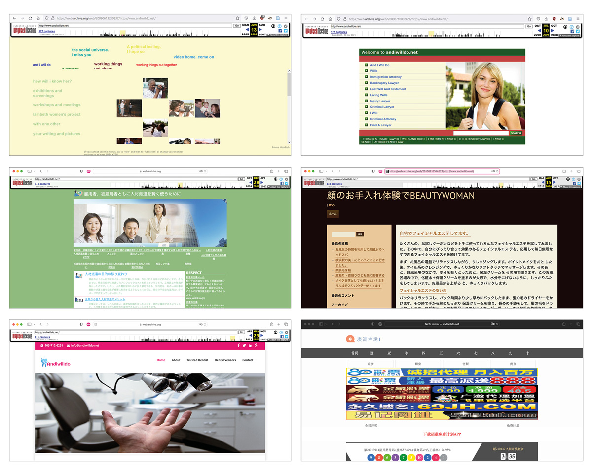 six screenshots of different websites arranged in two columns and three rows 
