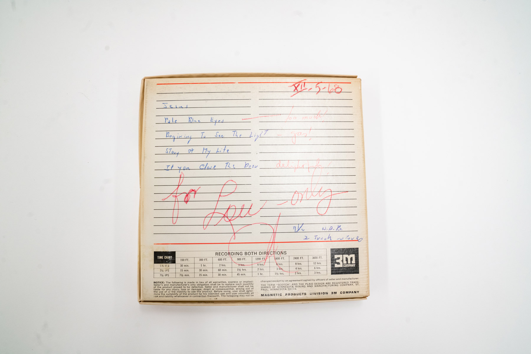 photo of the back of an old tape box marked “for Lou only”