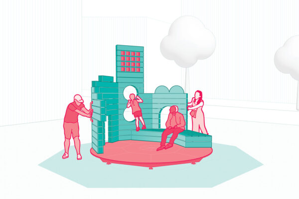 A digital drawing of an interactive structure in a city plaza