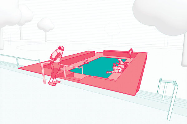 A digital drawing of an enclosed outdoor pool area
