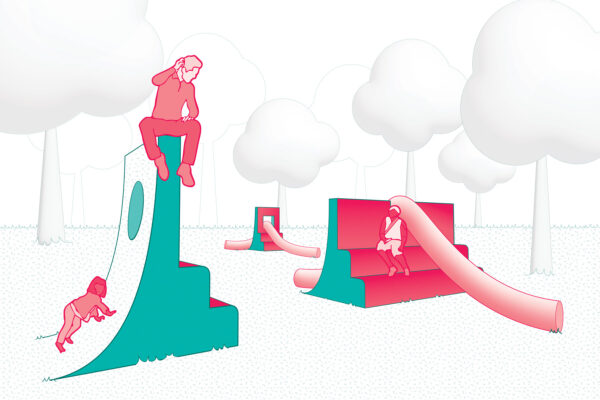 A digital drawing of three people interacting with outdoor structures