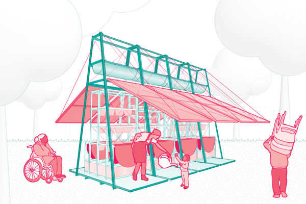 A digital drawing of four people surrounding an outdoor structure