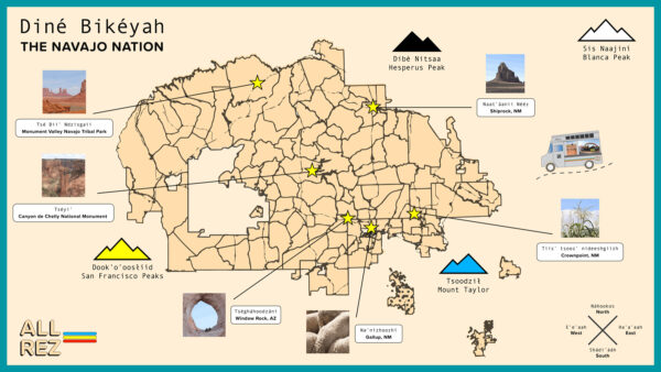 A map of Diné Bikéyah (The Navajo Nation) highlighting six significant places and four mountains