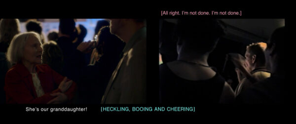 A split screen video still depicting people and three color-coded captions