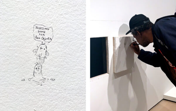 Two side by side photographs: a drawing, and a person creating the drawing