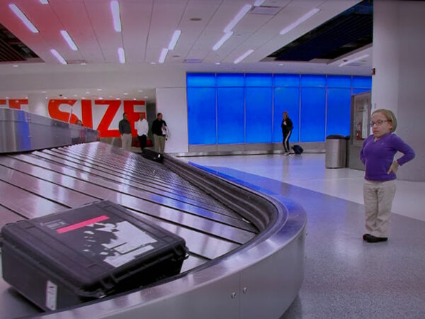 A person standing in an airport at baggage claim