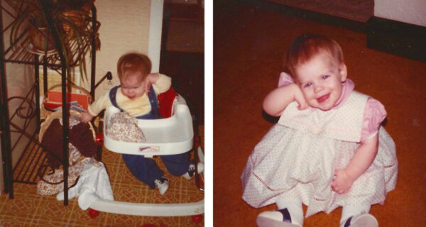 Two side by side photos of an infant holding their hand to their ear
