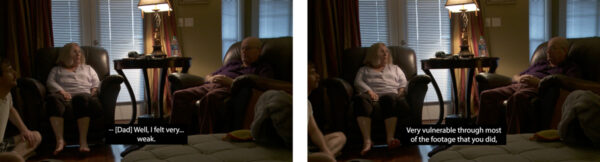 Eight film stills depicting three people in conversation