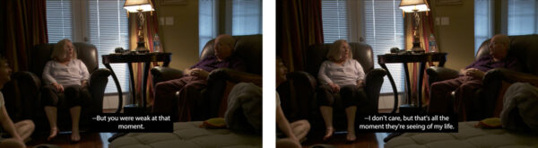 Eight film stills depicting three people in conversation